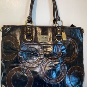 Coach Dark Brown Leather Tote with Gold Accents